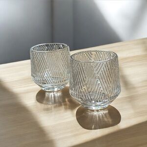 2 Short Glasses With Geometric Design- Crystal Clear Glass- Tapered Width